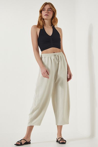 Happiness İstanbul Hellcremefarbene Baggy-Hose aus Leinen-Viskose mit Taschen für Damen CV00001