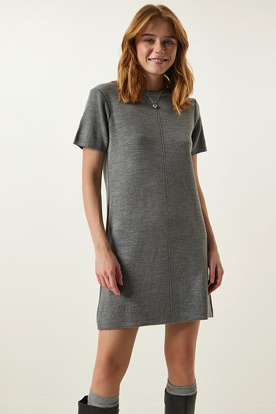 Happiness İstanbul Women's Gray Soft Textured Mini Knitwear Dress DP00197
