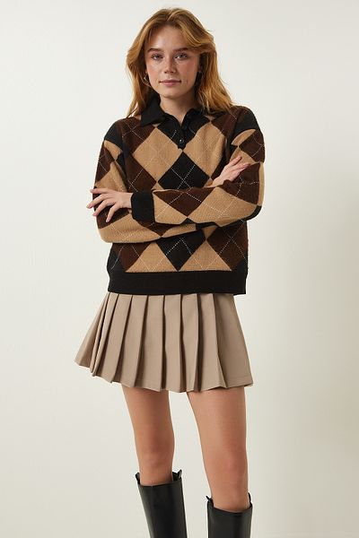 Happiness İstanbul Woman's Black Biscuit Polo Collar Baklava Patterned Knit Sweater FN03168