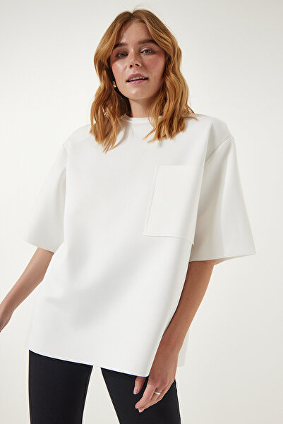 Happiness İstanbul Dámske biele detailné pletené tričko so zadným zipsom KJ00007