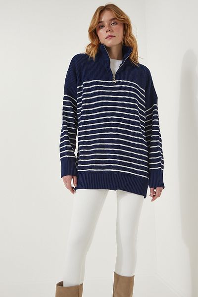 Happiness İstanbul Marineblauer, weißer, gestreifter Oversize-Pullover mit Reißverschluss und Stehkragen für Damen YY00077