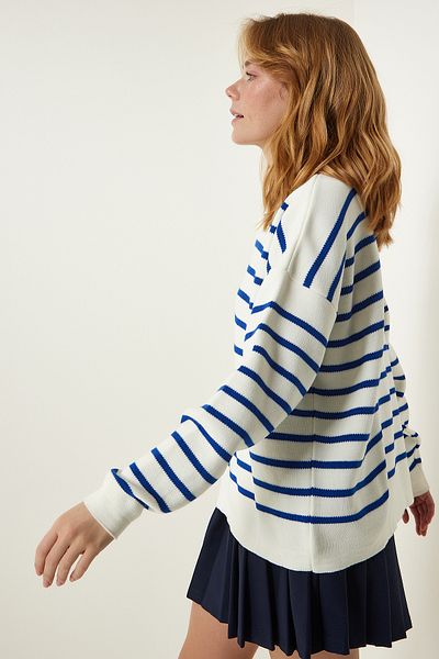Happiness İstanbul Pulover de damă, Blue Bone, cu gât polo, tricotat, US00293