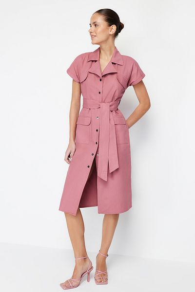 Trendyol Collection Φόρεμα μίντι πουκάμισο Gabardine με ζώνη αποξηραμένο τριαντάφυλλο TWOSS24EL00227