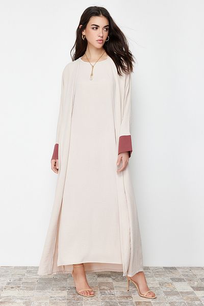 Trendyol Modest Kő színű blokkolt Aerobin Ferace/Abaya &amp; Dress 2 részes szőtt készlet TCTSS24US00033