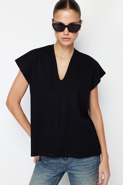 Trendyol Collection Black 100% Cotton V-neck Moon Sleeve Knitted T-Shirt TWOSS24TS00028