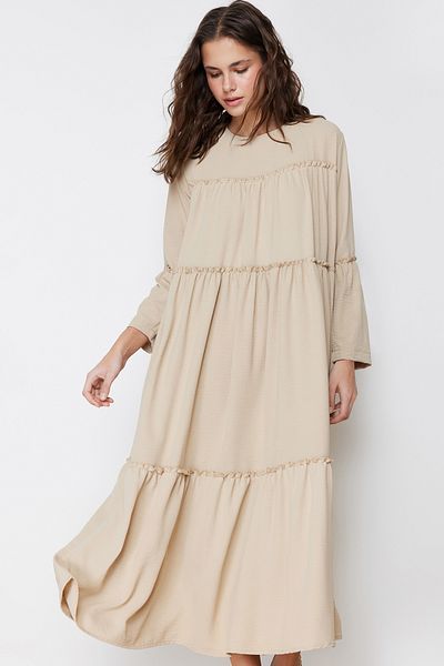 Trendyol Modest Λεπτομερές υφαντό φόρεμα μπεζ Piping TCTSS24EB00089