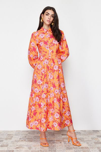 Trendyol Modest Πορτοκαλί φλοράλ μοτίβο πουκάμισο TCTSS24EB00073