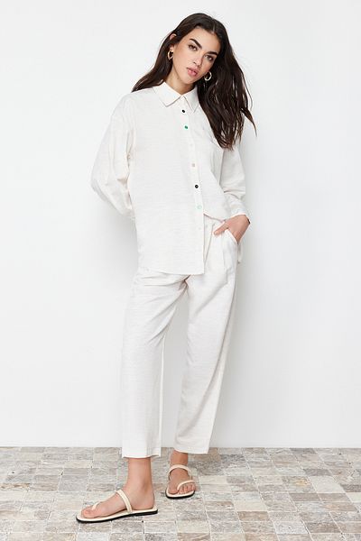 Trendyol Modest Beige Linen Look Shirt Trousers Woven Bottom Top Set TCTSS24US00022