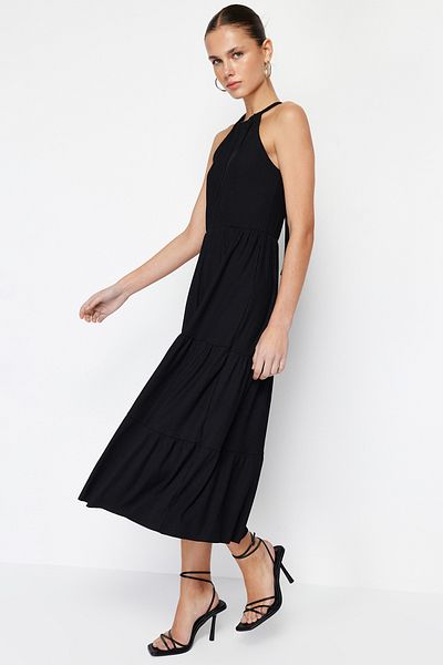 Trendyol Collection Schwarz*001 Neckholder Bedrucktes A-Linien Maxi Strick Maxikleid TWOSS23EL00705