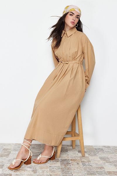 Trendyol Modest Детайлна тъкана рокля с камилски шнур и цип TCTSS24EB00086