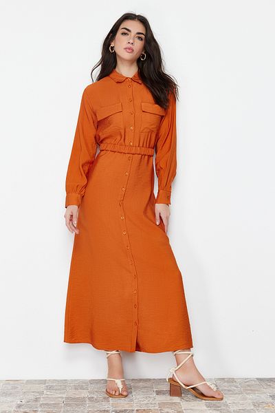 Trendyol Modest Rochie țesută detaliată cu buzunar cu curea din cauciuc cu talie scorțișoară TCTSS22EB0034