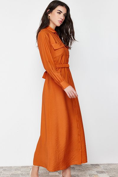 Trendyol Modest Rochie țesută detaliată cu buzunar cu curea din cauciuc cu talie scorțișoară TCTSS22EB0034