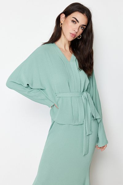 Trendyol Modest Khaki Tie Detailed Woven Aerobin Bottom Top Set TCTSS24US00012