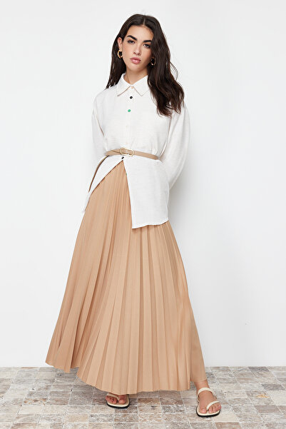 Trendyol Modest Béžová pletená dlouhá sukně - TCTSS24EE00005