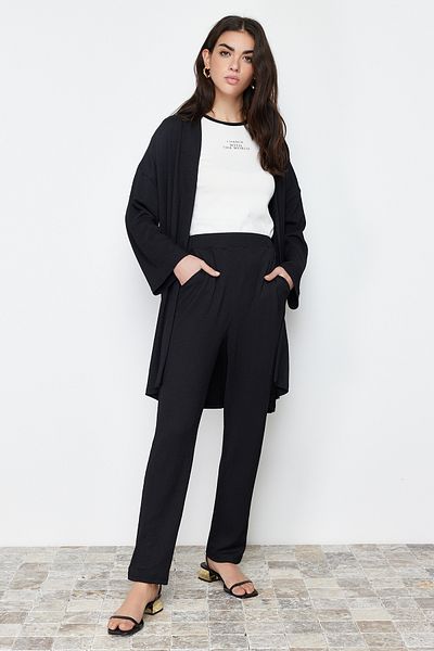 Trendyol Modest Oversize Black Knitted Kimono and Pants Set - TCTSS24US00045