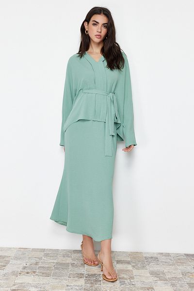 Trendyol Modest Khaki Tie Detailed Woven Aerobin Bottom Top Set TCTSS24US00012