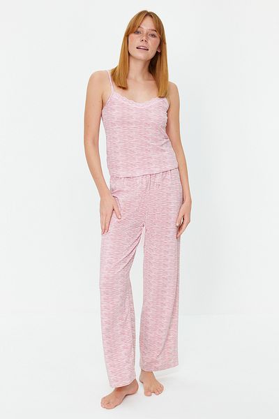 Trendyol Collection Pudrová bavlna Pruhovaná krajka Provazový pásek Pletená sada pyžama Thmss23Pt00227
