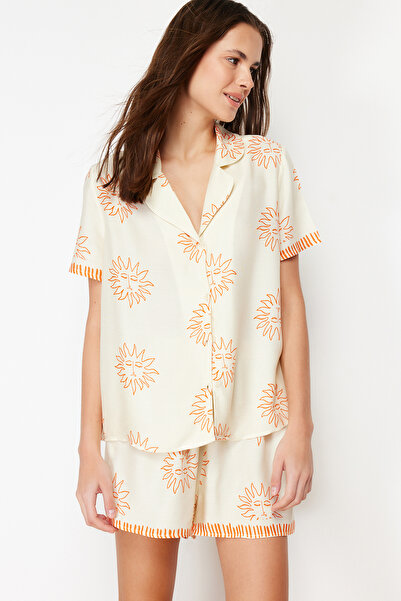 Trendyol Collection Ecru-Orange Sun Pattern Woven Pajama Set with Viscose Shorts Thmss24Pt00009
