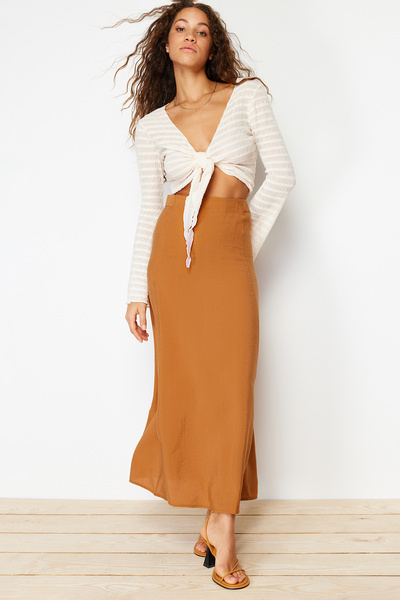 Trendyol Collection Camel Modal Content A-vonalú maxi hosszúságú szőtt szoknya TWOSS24ET00058