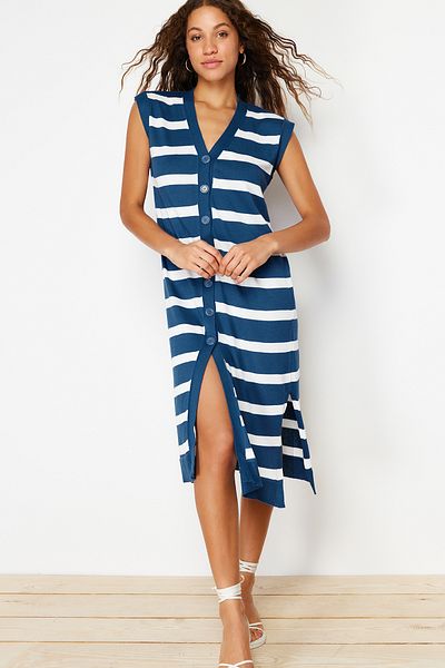 Trendyol Collection Oversize Indigó csíkos Midi kötöttáru ruha - TWOSS22EL1076
