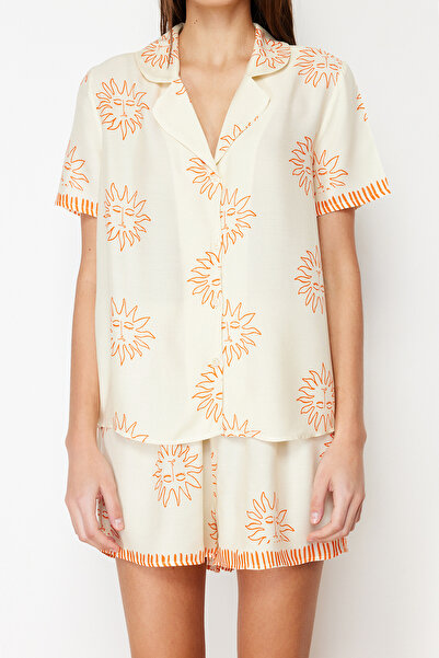 Trendyol Collection Ecru-Orange Sun Pattern Woven Pajama Set with Viscose Shorts Thmss24Pt00009
