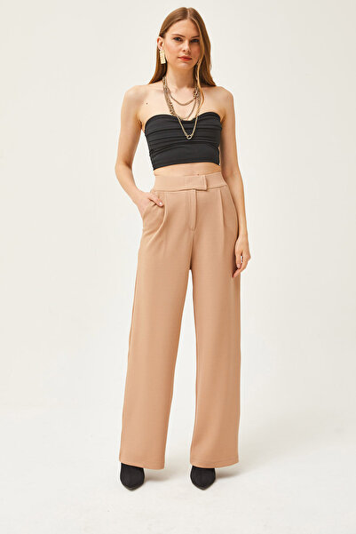 Olalook Női bézs tépőzáras széles szárú zsebes Palazzo nadrág PNT-19000255