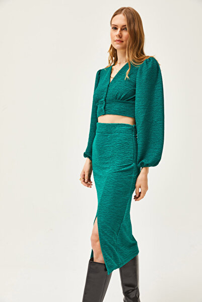 Olalook Women's Petrol Green Slit Skirted Knitted Suit TKM-19000255