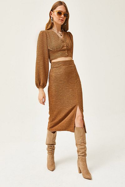Olalook Women's Camel Slit Skirted Knitted Suit TKM-19000255
