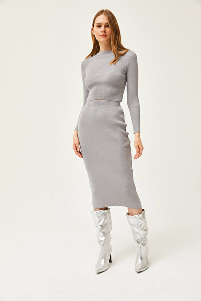 Olalook Women's Gray Bottom Top Glittery Knitwear Set TKM-19000253