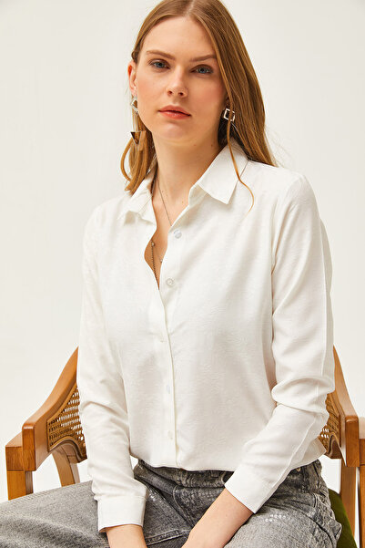 Olalook Kadın Çiçek Ekru Jakarlı Saten Detaylı Dokuma Gömlek GML-19001173