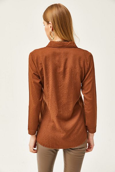 Olalook Women's Leopard Brown Jacquard Satin Detailed Woven Shirt GML-19001173