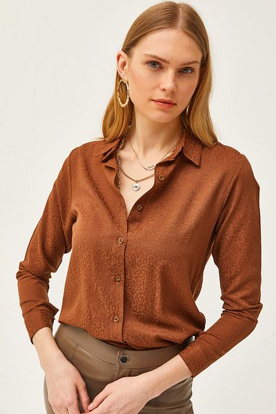 Olalook Women's Leopard Brown Jacquard Satin Detailed Woven Shirt GML-19001173