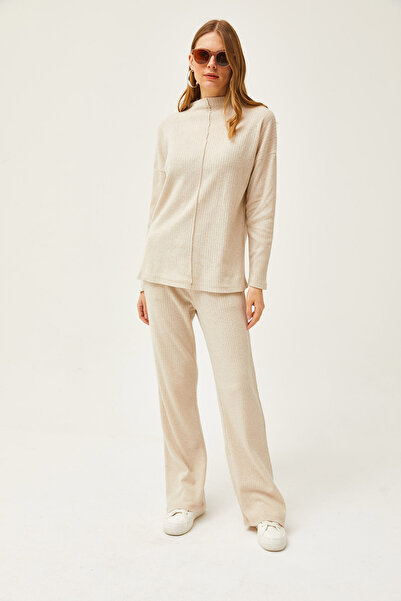 Olalook Kadın Taş Alt Cepli Pantolon Üst Dik Yaka Bluz Şardonlu Takım TKM-19000254
