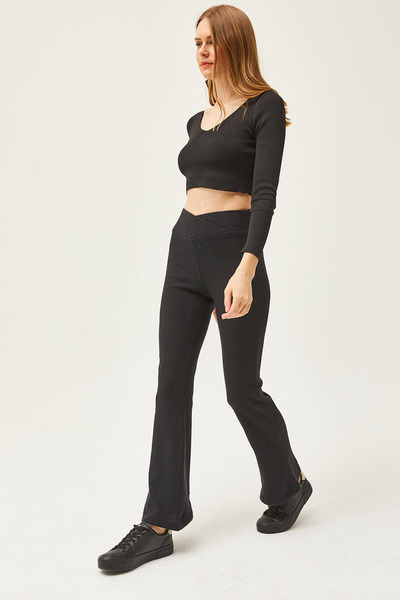 Olalook Women's Black Cross Band Detailed Raised Spanish Tights TYT-19000084