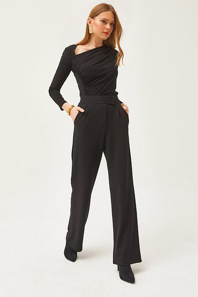 Olalook Schwarze Palazzo-Hose mit weitem Bein und Tasche für Damen, Klettverschluss, PNT-19000255