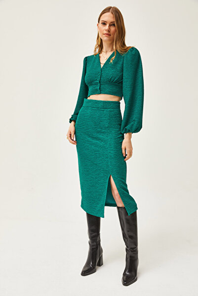 Olalook Women's Petrol Green Slit Skirted Knitted Suit TKM-19000255