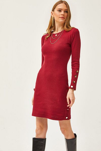 Olalook Burgunderrotes geripptes Minikleid mit Manschetten- und Rockknopfdetail für Damen ELB-19002042
