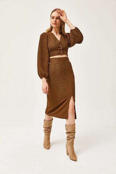 Olalook Brauner Strickanzug mit Schlitzrock für Damen TKM-19000255
