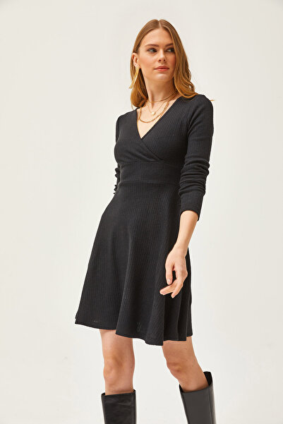 Olalook Kadın Siyah Kruvaze Yaka Şardonlu Mini Elbise ELB-19002043