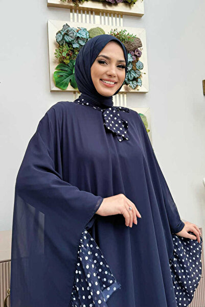 Bym Fashion Navy Blue Chiffon Cape Dress Set - Spotted Collar Detail, Model 3643