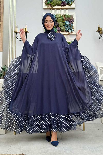Bym Fashion Σετ φόρεμα με μανδύα σιφόν Navy Blue - Λεπτομέρεια γιακά με στίγματα, Μοντέλο 3643