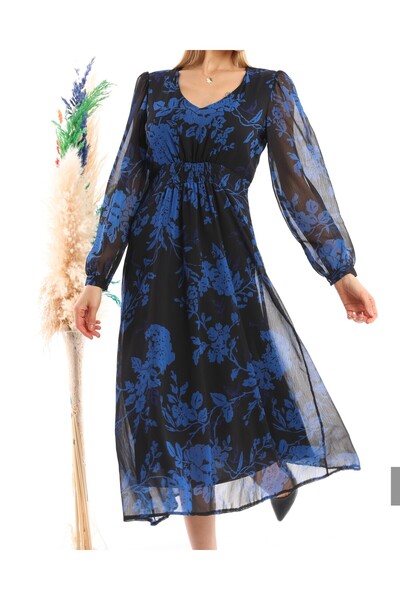 Miss Allos Γυναικείο φόρεμα με λουλούδια σε μπλε και μαύρο χρώμα με τύπωμα με λαιμόκοψη σε σχήμα V