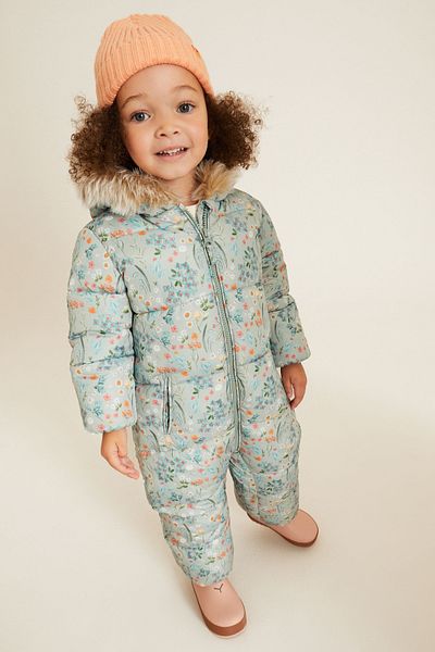 Next Baby Green Floral Luxury Faux Fur Water Resistant Full Fleece Lined Snow Jumpsuit