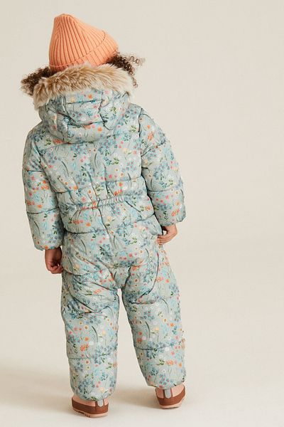 Next Baby Green Floral Luxury Faux Fur Water Resistant Full Fleece Lined Snow Jumpsuit