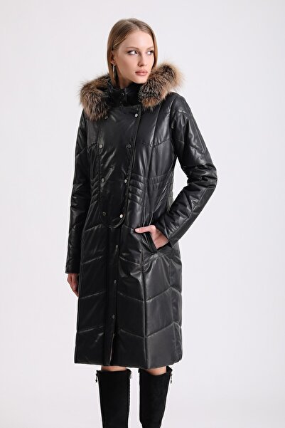 Leather Club Siyah Fox Aksesuarlı Deri Kaban