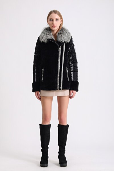 Leather Club Siyah Fox Kürk Aksesuarlı Piton Deri Garnili Yün Kaban