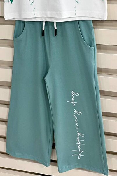 Riccotarz Girl's Flower and Text Printed T-Shirt Spanish Leg Green Tracksuit Set