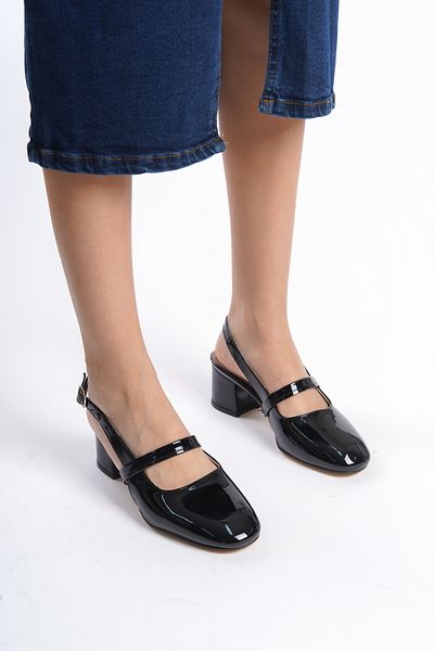en7 Black Patent Leather Women's Open Back Belt Buckle Detailed Comfortable 5 cm Classic Heeled Shoes DRK020