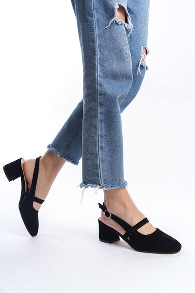 en7 Black Suede Women's Open Back Belt Buckle Detailed Comfortable 5 cm Classic Heeled Shoes DRK020