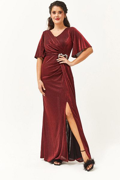 Ebsumu Women's Large Size Jewelled Buckle Detailed Long Burgundy Evening Dress & Evening Dress